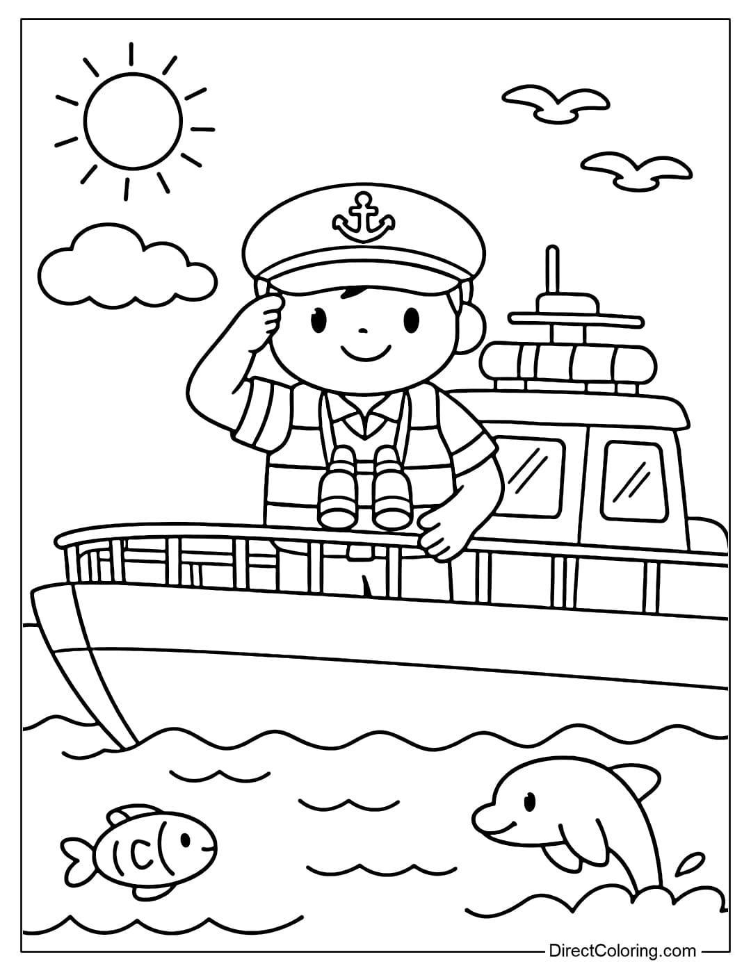 Coloring page of a coast guard officer standing next to a simple ship.