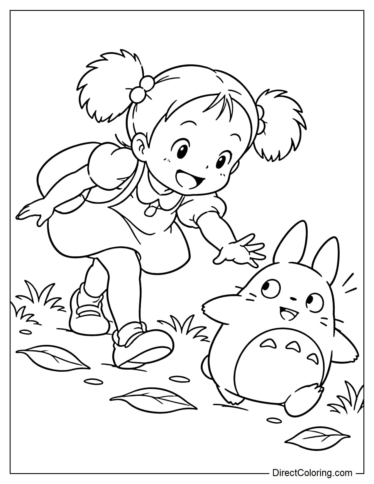 Mei bends forward and follows a small Totoro running ahead, while the little Totoro looks back and Mei reaches one hand toward it.