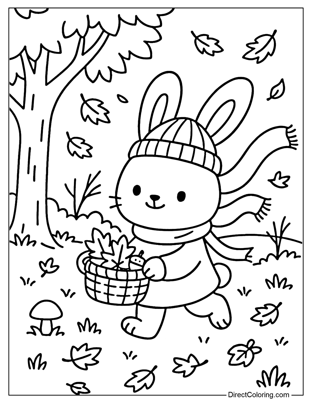 Coloring page of a baby rabbit picking up leaves in September in the autumn forest. A rabbit wearing a small woolen hat, holding a basket of red maple leaves and chestnuts, is hopping around under the yellow maple tree.