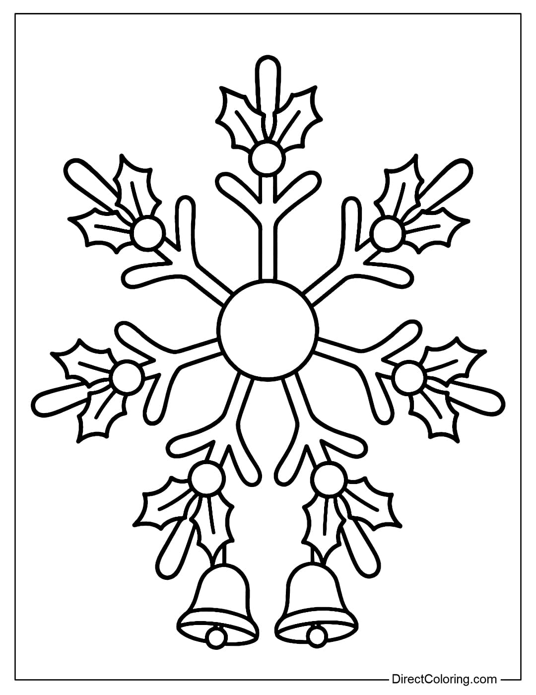 A snowflake coloring page with holly leaves and berries accenting each branch, plus two small Christmas bells at the bottom.