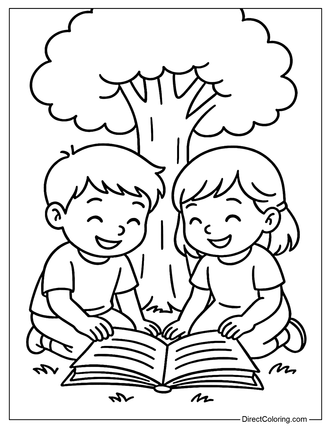 Coloring page of two children reading a book together under a tree, with an open book in the middle.
