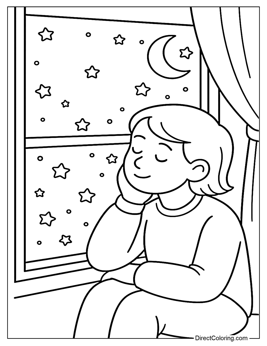 Coloring page for young people sitting by the window, looking at the stars, in the glass frame reflects the words 