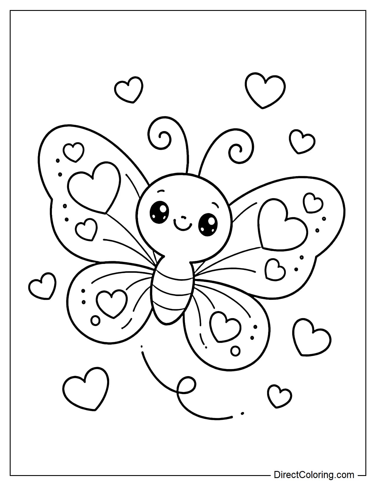 A cute butterfly with heart patterns on its wings, surrounded by several small hearts.