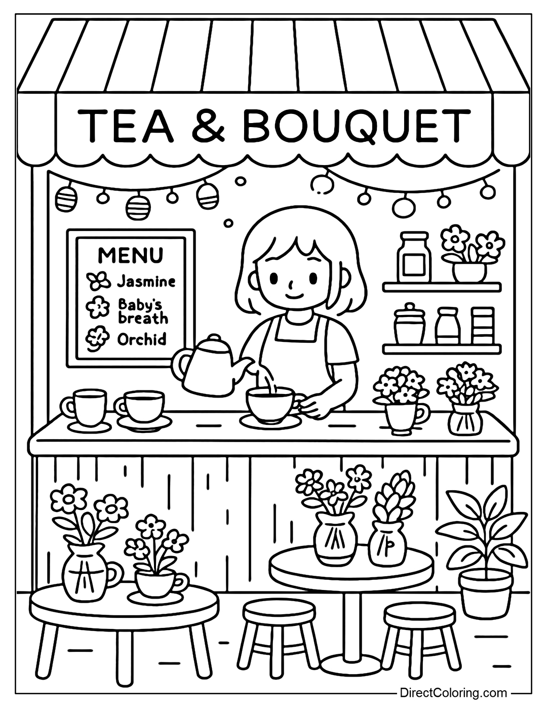 A special tea and flower shop coloring page, where each cup of hot tea is served with a bouquet of flowers that are in harmony with the scent