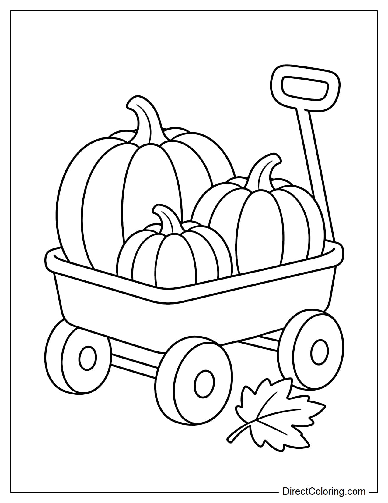 A small wagon with four rounded wheels carries three large pumpkins, with a single autumn leaf resting beside one wheel.