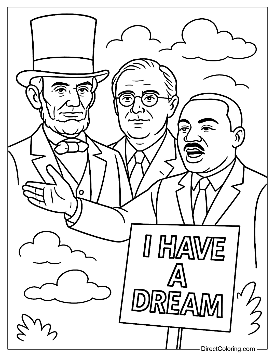 Coloring page Abraham Lincoln, Franklin D. Roosevelt and Martin Luther King Jr., each with their own symbols