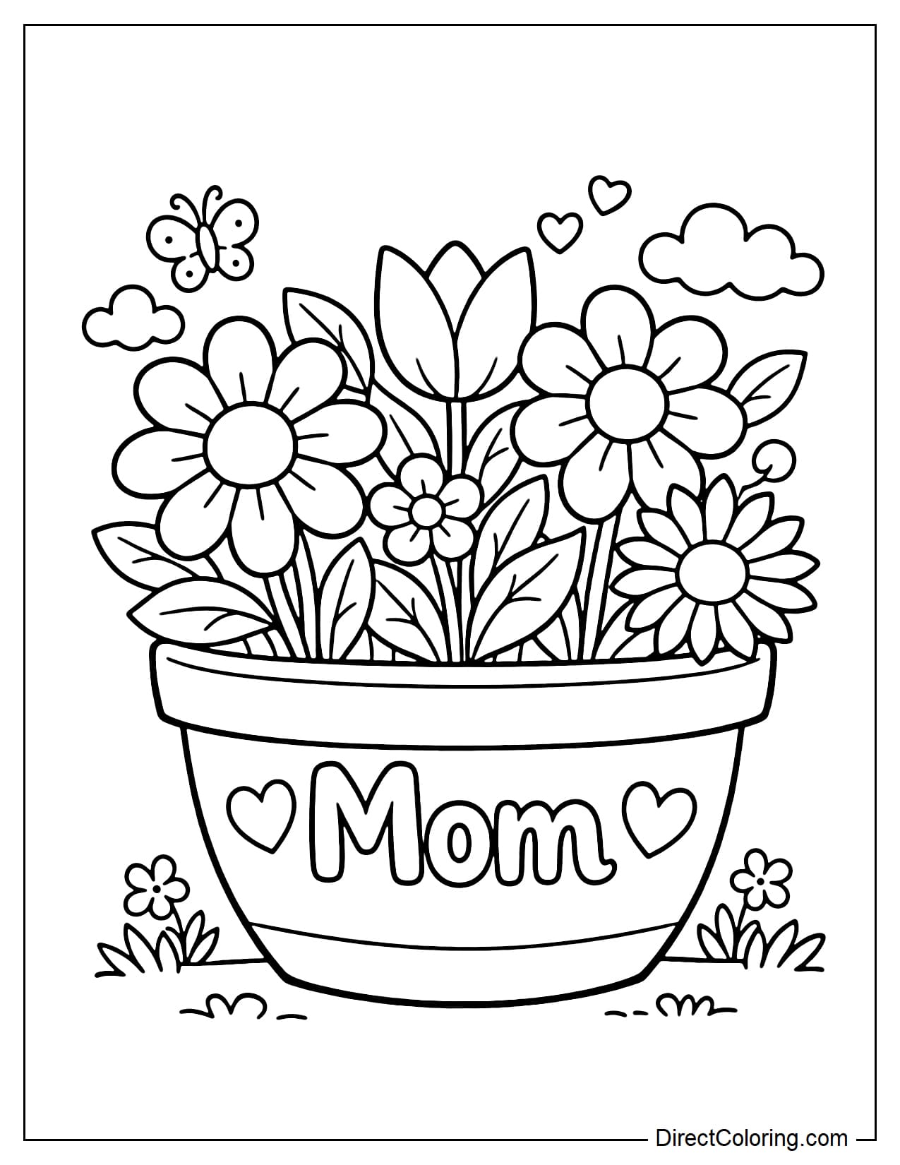 A large flower pot with big flowers for Mom, with the word 