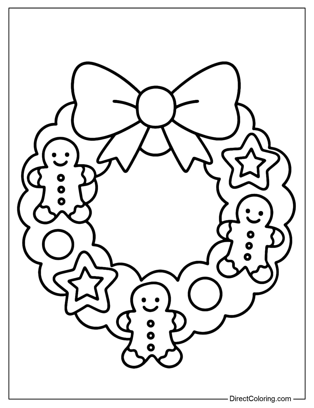 Cookie Christmas Wreath Coloring Page A round wreath coloring page made from gingerbread cookies, star cookies, round candies, and a big bow.