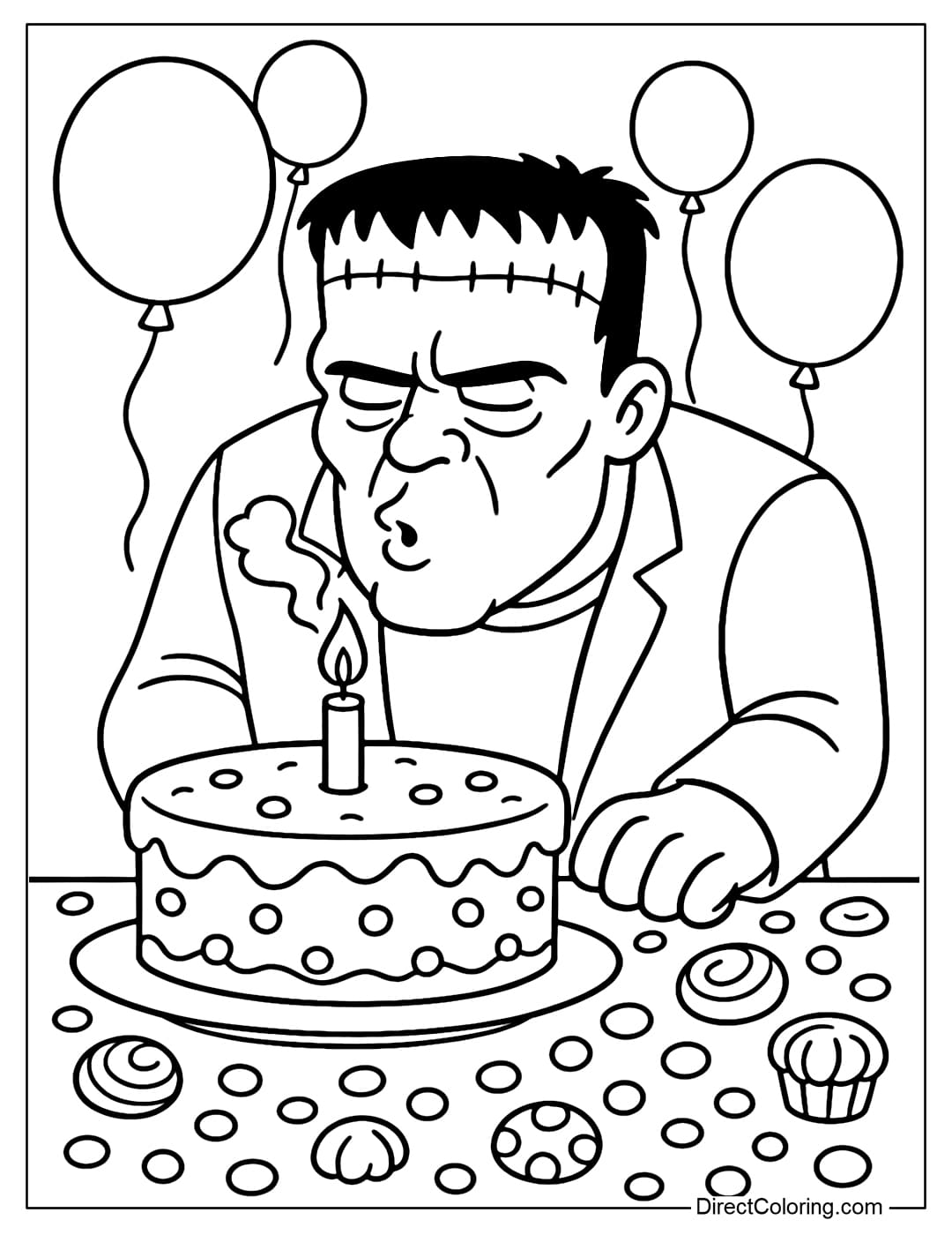 Frankenstein coloring page blows out birthday candles, table full of cake and balloons.