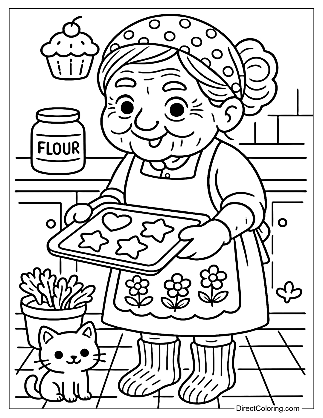 Coloring page Grandma bakes cakes in the kitchen, holding a tray of heart-shaped and star-shaped cakes, her face mischievous.