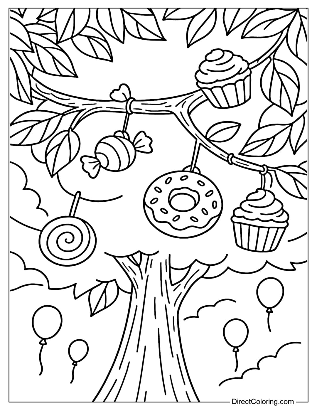 A coloring page with a view from below of a fairy tale candy tree looking up, the large branches near the eye are full of candy and cakes.