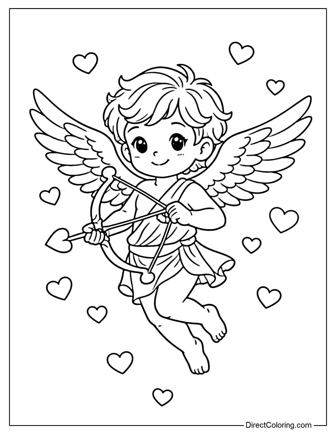 A lovely coloring page of Cupid gently flying in the air, wings spread wide, surrounded by hearts.