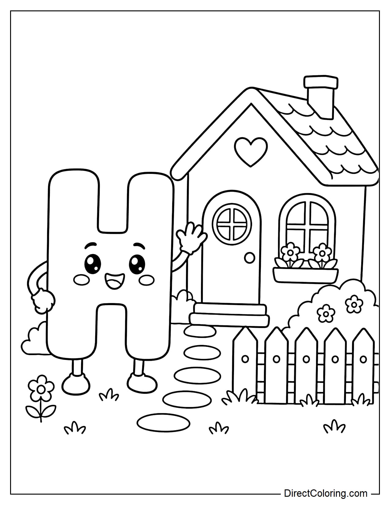 The cheerful letter H stands next to a pretty little house with windows and a simple fence.