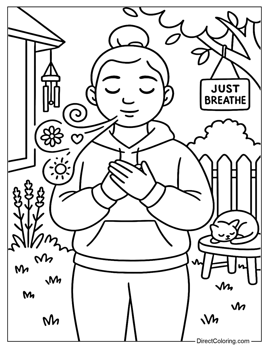 A coloring page of a young girl closing her eyes, standing still in the small garden behind her house, her hands placed lightly on her chest, breathing deeply and slowly.