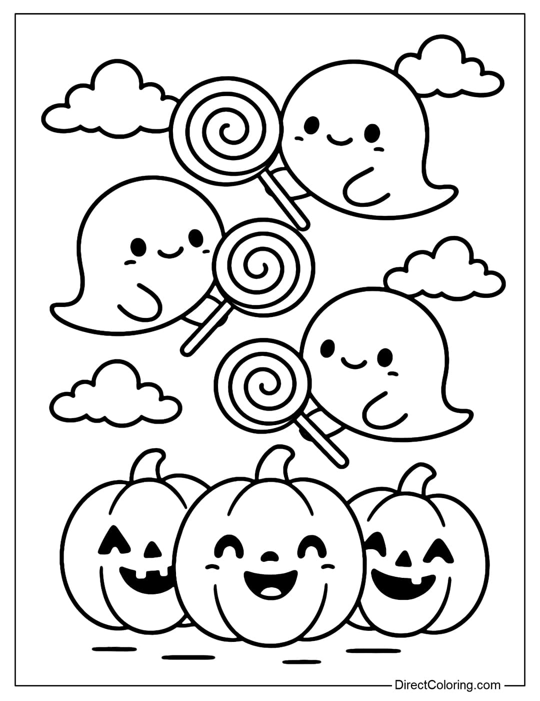 A coloring page for a group of plump ghosts, each holding a giant lollipop, flying around cute lighted pumpkins.