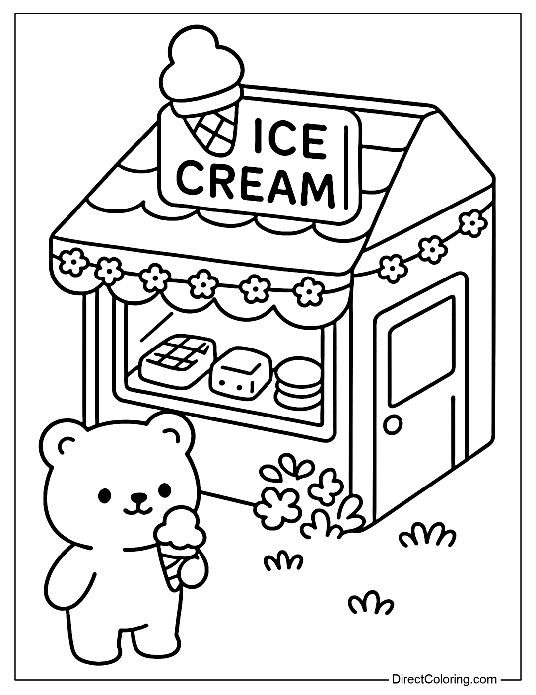 Coloring page of a bakery - ice cream side view, a vine-hanging roof; a baby bear holding ice cream; waffles, brownies, and ice cream sandwiches in the glass door.