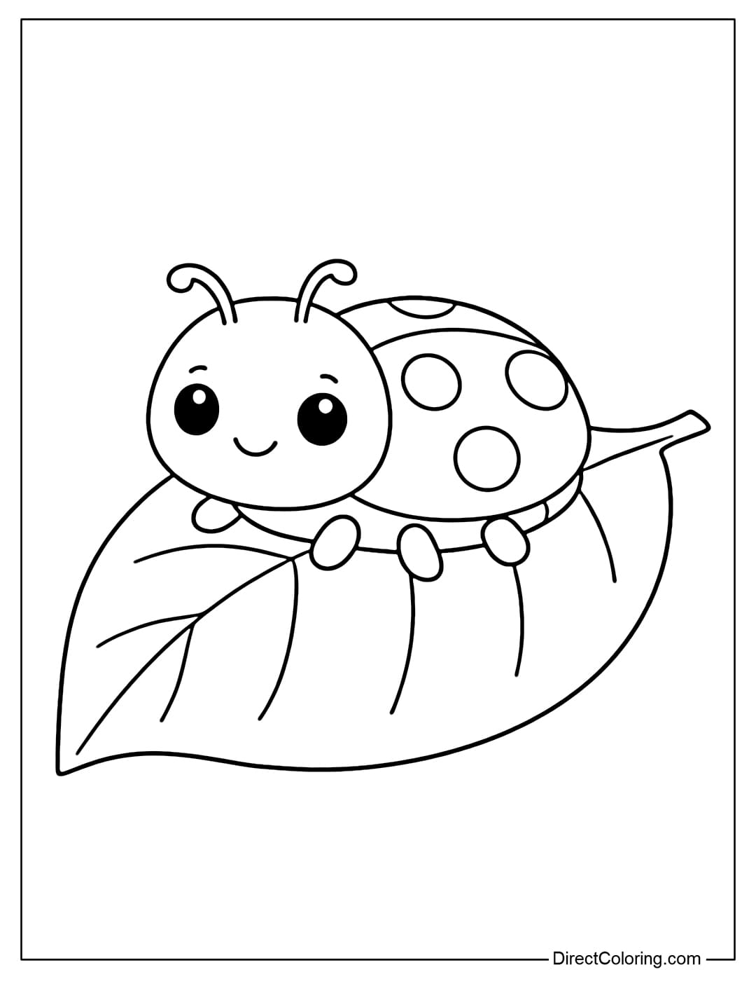 A cute ladybug coloring page showing it perched on a simple large leaf.