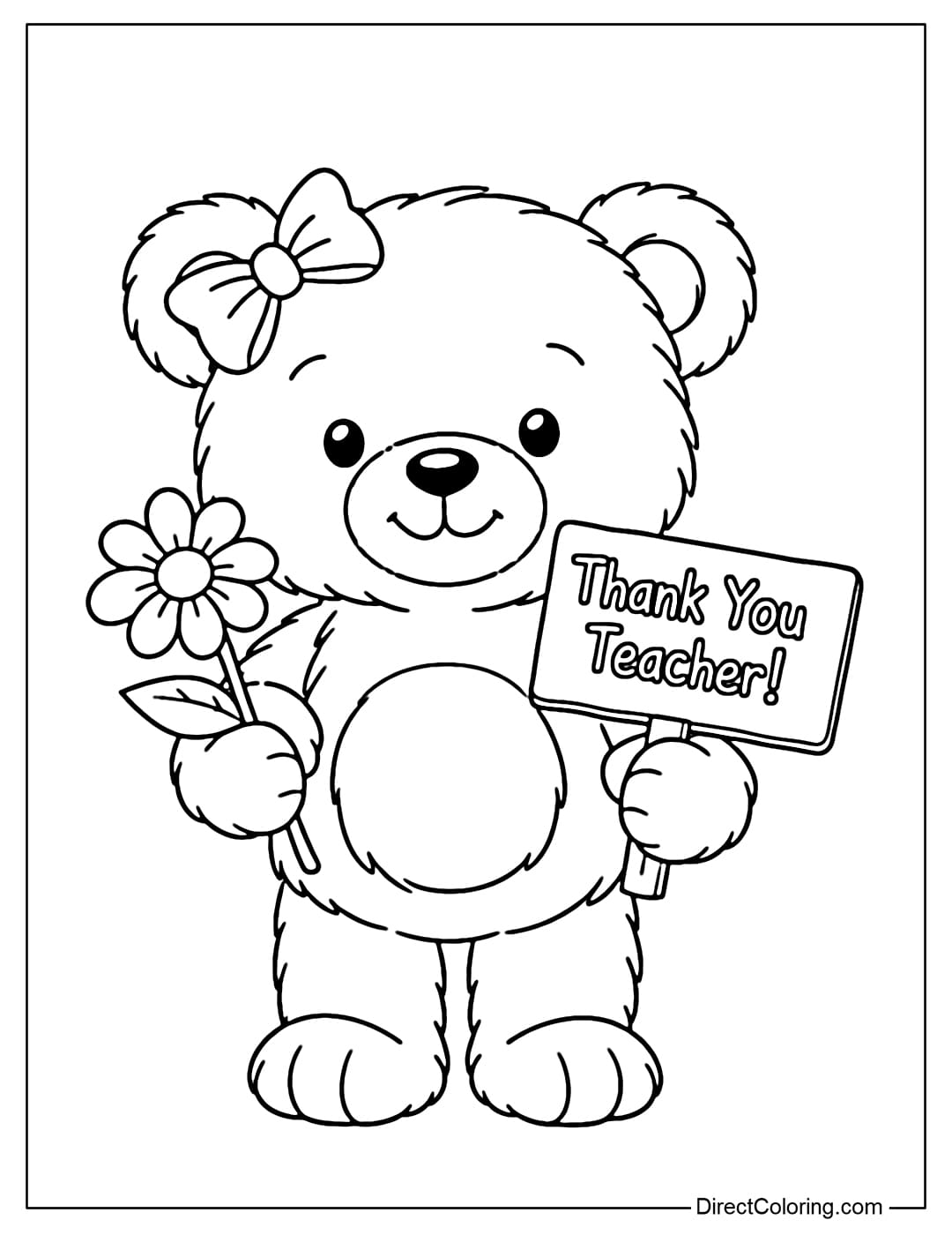 Coloring page of a teddy bear holding a small whiteboard and flowers for his teacher.