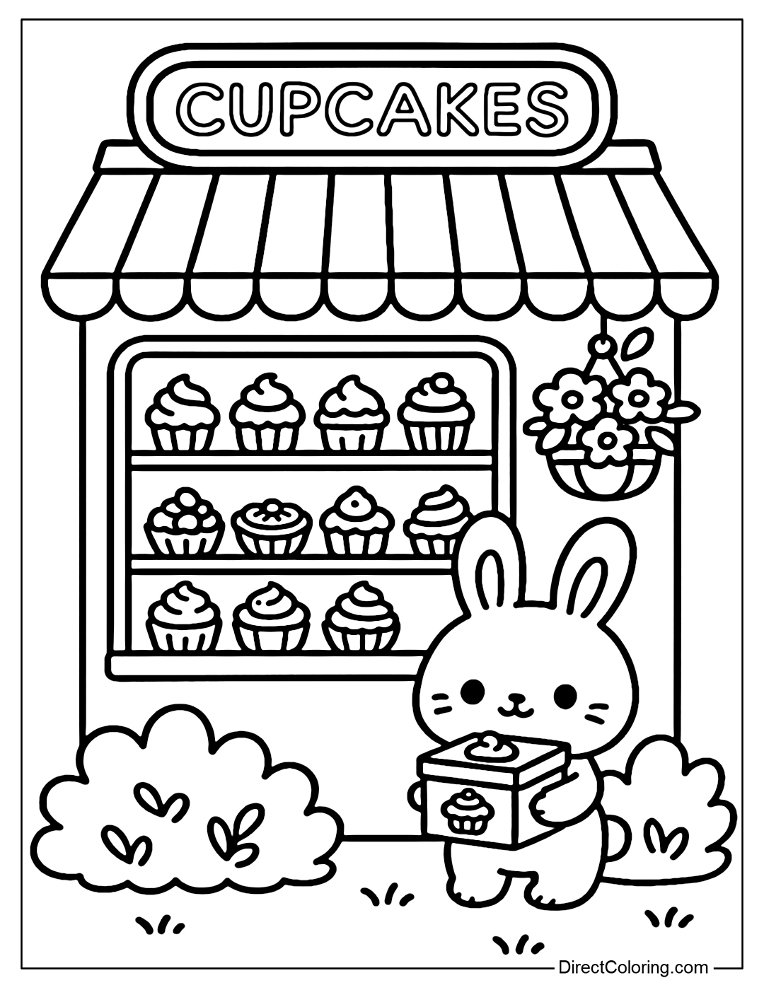 Coloring page of cupcake bakery front view, striped awning hanging flower baskets; little rabbit holding a cake box standing in front of the grass; inside the shelves are full of cupcakes, fruit tarts.