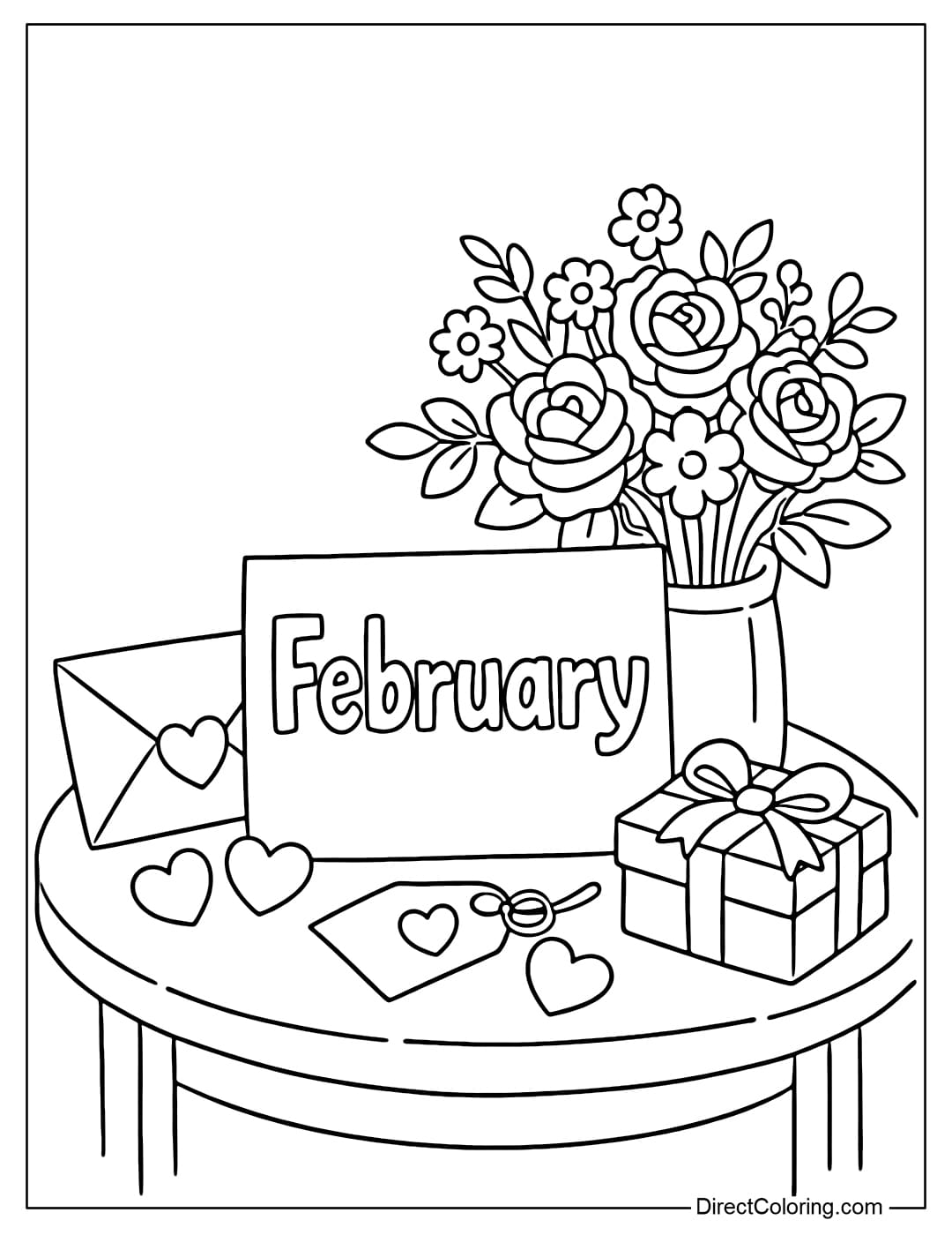A coloring page for a small table decorated for Valentine's Day with an envelope, flowers, hearts, and small gifts, and a card placed on the table with the word February.