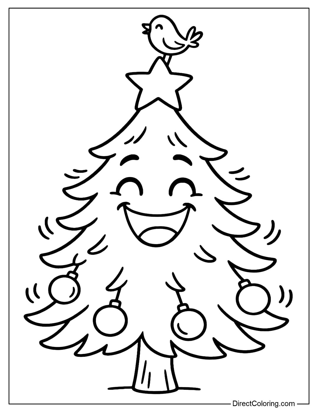 A Christmas tree coloring page with a smiling face, bright round eyes and a big smile. A little bird perched on top of the star.