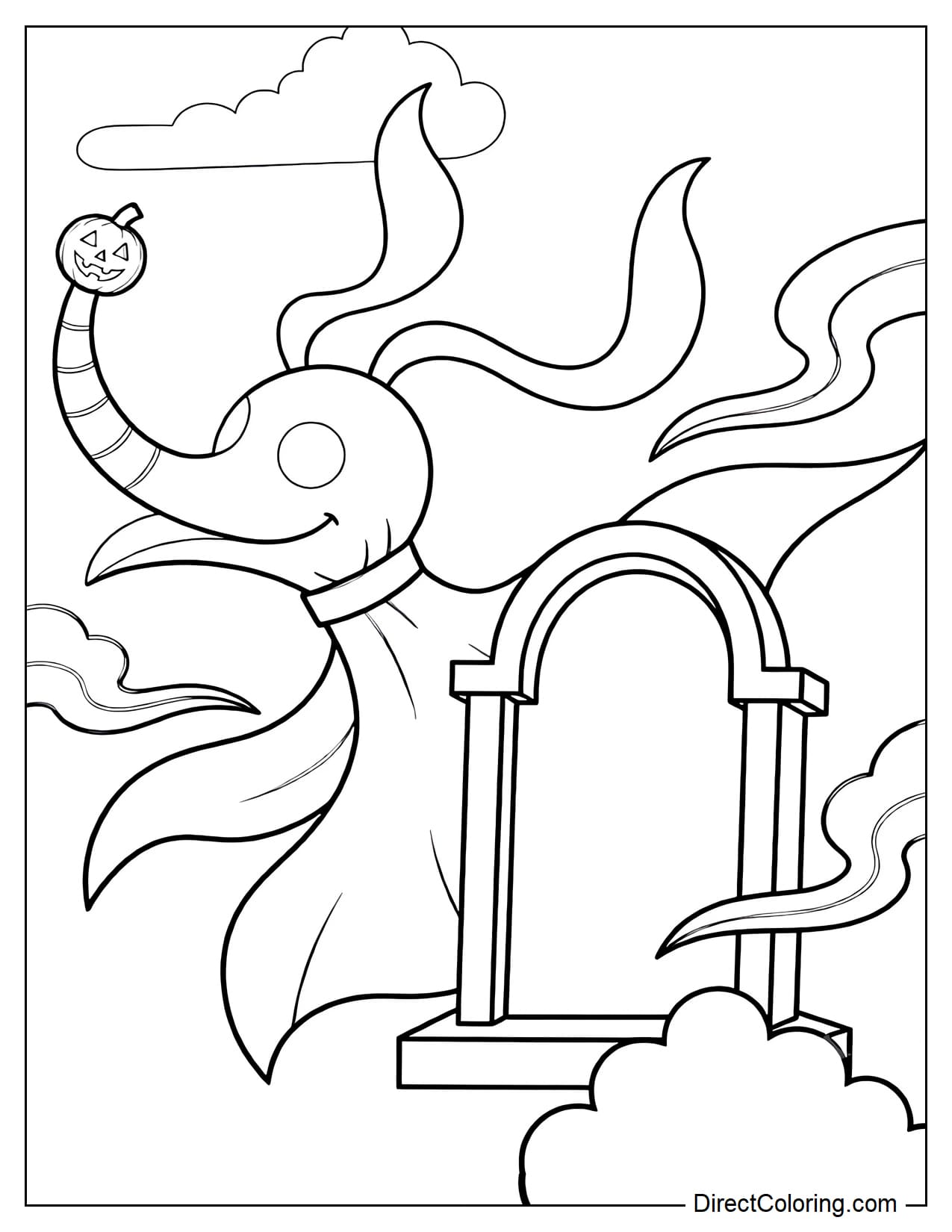 Zero peeking his head and upper body from behind a large curved tombstone, with his distinctive pumpkin nose clearly visible and a few wisps of fog surrounding him.