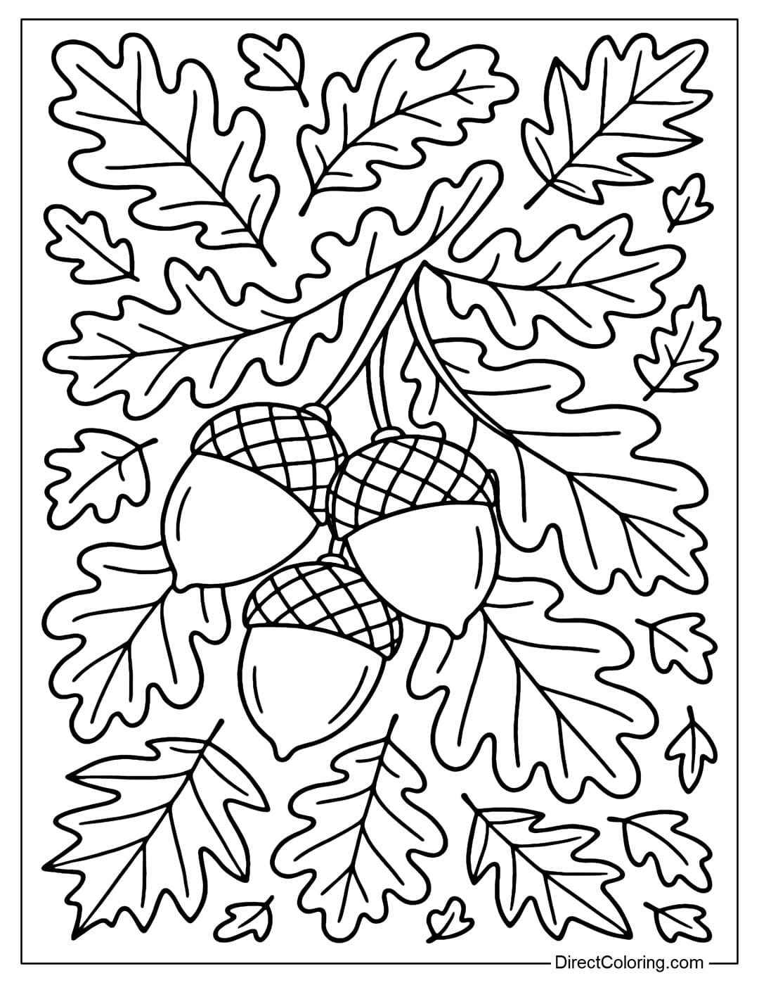 Acorn and Leaves Coloring Page A coloring page with a bunch of acorns in the middle, decorated with oak leaves and maple leaves.