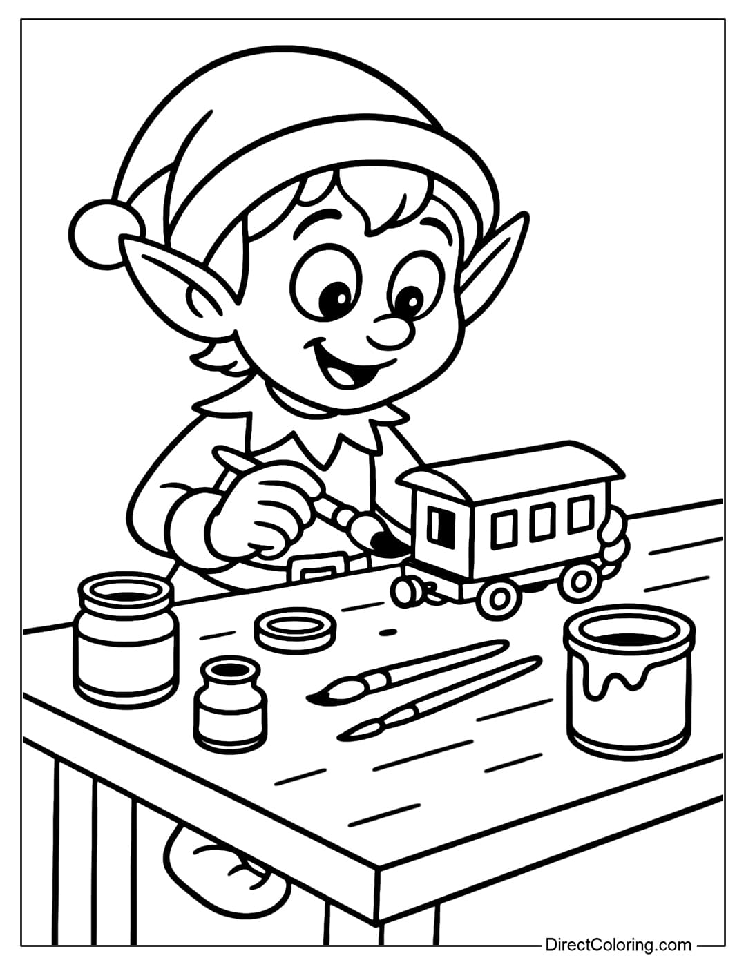 Coloring page of a little elf painting a toy train, a neat wooden table, paint bottles and tools around.