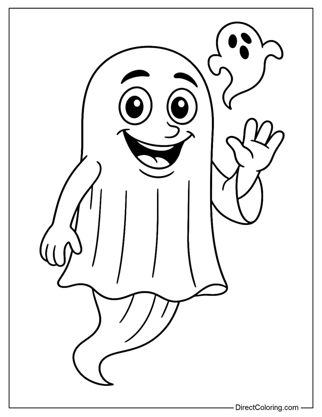 Coloring page Tung Tung Tung Sahur wears a white ghost cloth covering his whole body, leaving only his big round eyes and a bright smile, his body floating.