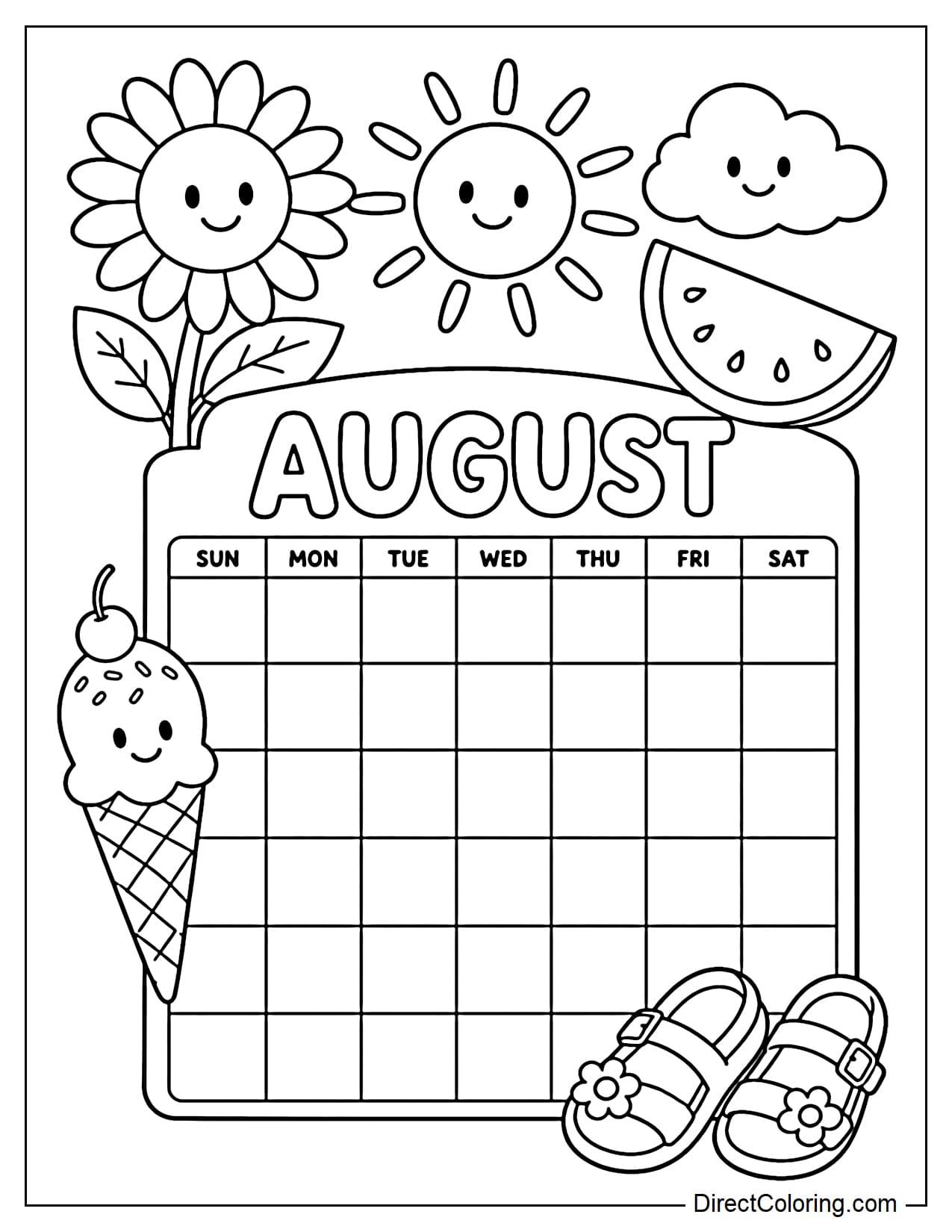 An August calendar with decorative elements such as a large sunflower, a slice of watermelon, a smiling sun, soft clouds, an ice cream cone, and a pair of little slippers.