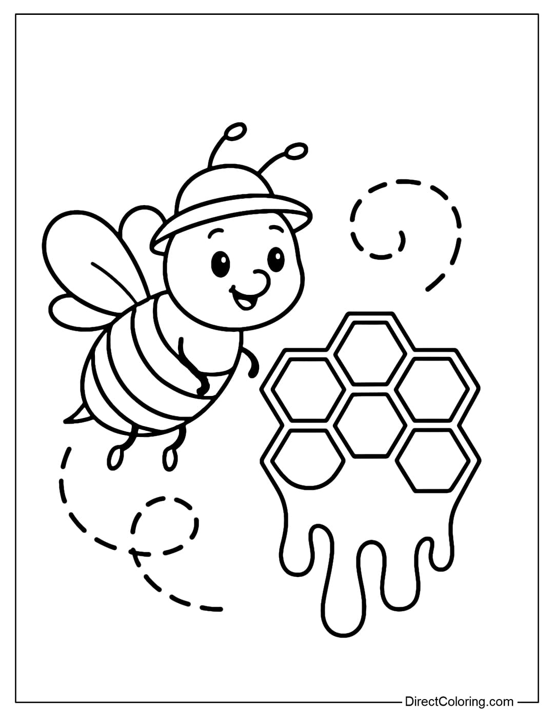Coloring page of a cute bee flying around a hexagonal honeycomb honeycomb, soft lines.