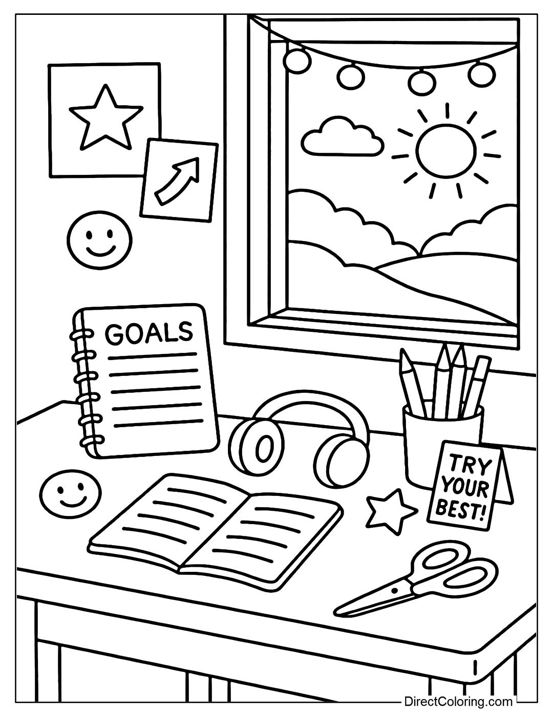A coloring page of a wooden desk next to a window, with string lights, a goal book, headphones, colored pencils, and a Try your best! cheering sticker, with a motivational photo wall in the background.