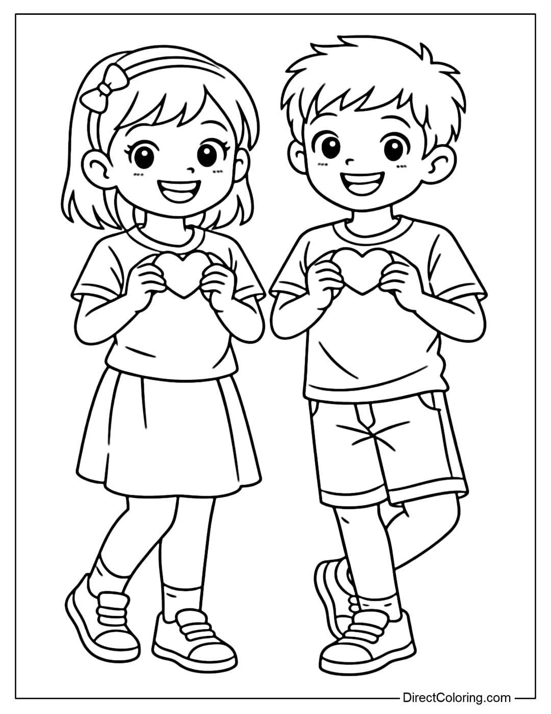 A coloring page of two friends with cheerful faces, standing side-by-side, each holding a small heart in front of their chest.