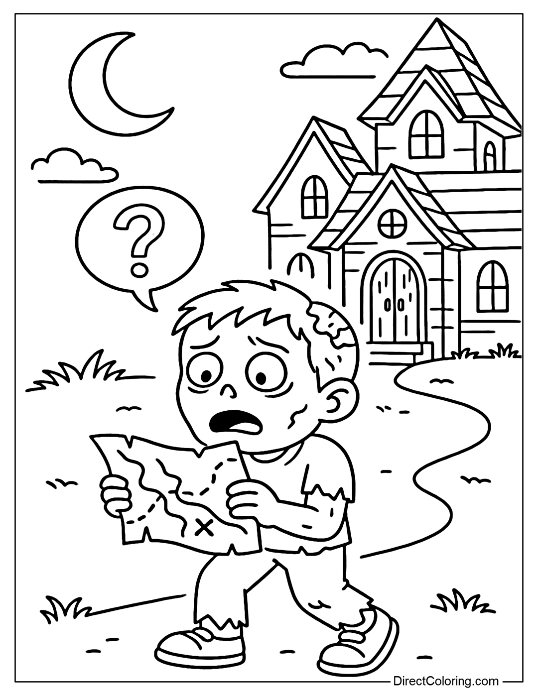 A zombie coloring page exploring a haunted house, holding a map, a bewildered face.