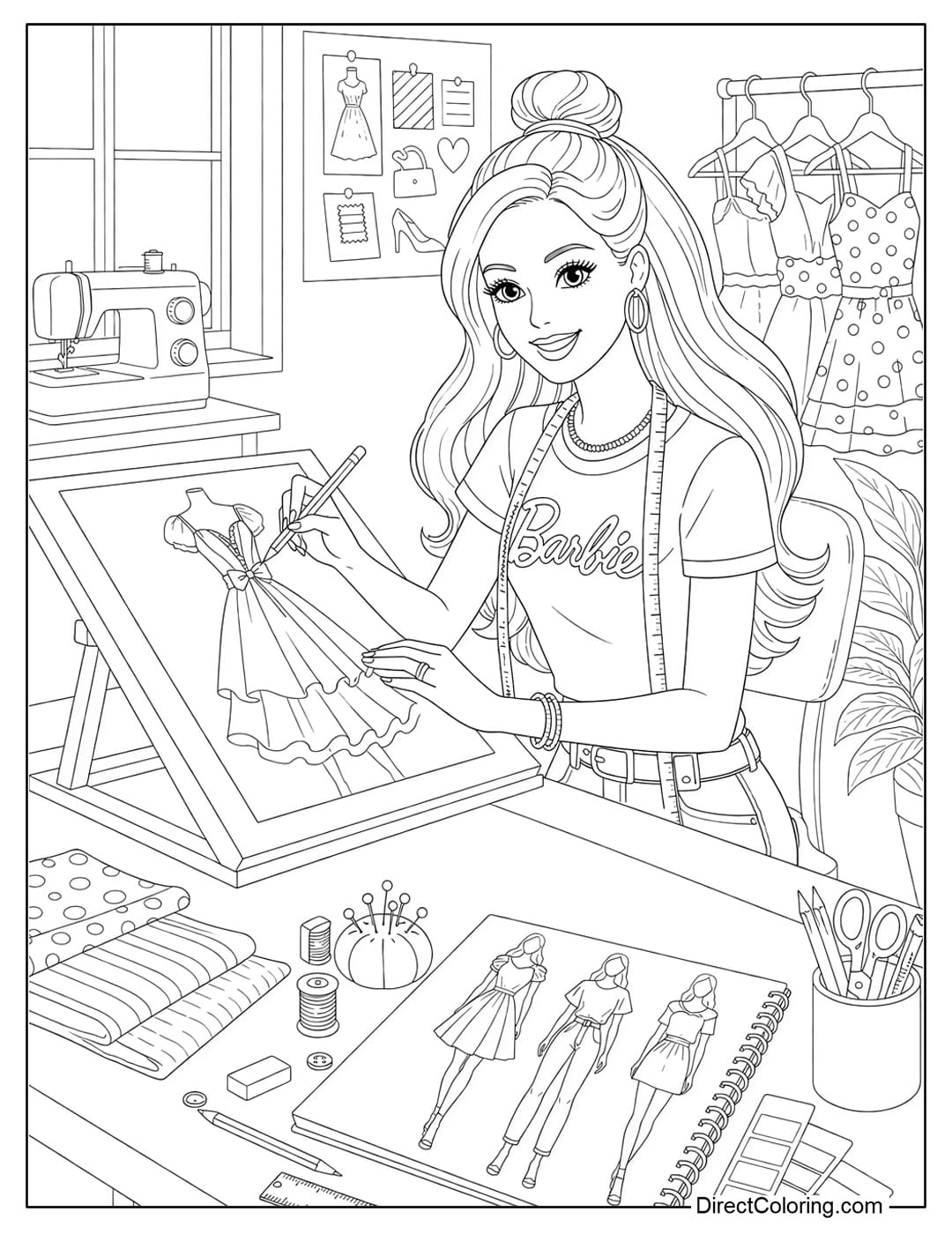 A coloring page of Barbie designing clothes on a drawing board.