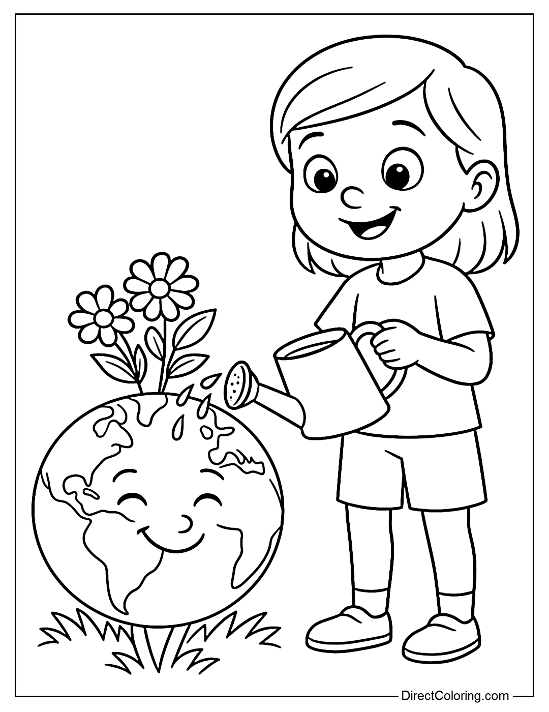 Girl watering the blooming earth coloring page.