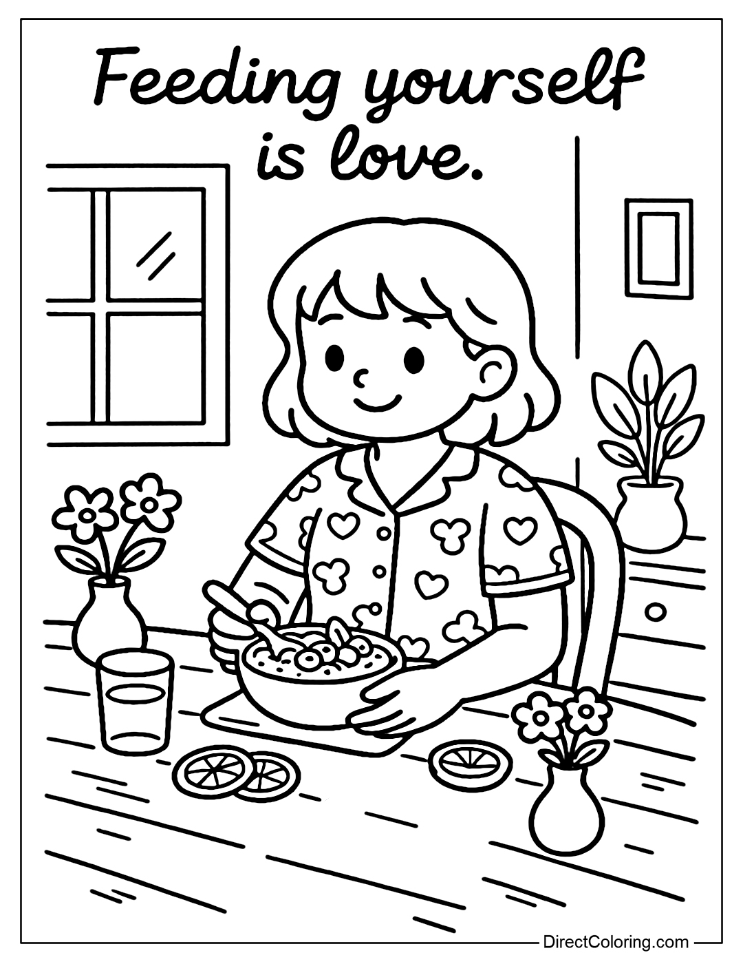 Coloring page of a girl sitting at a simple breakfast table in the dining room, enjoying a bowl of oatmeal with fruits and nuts. On the table is a glass of water, a few slices of orange, and a small vase of flowers.