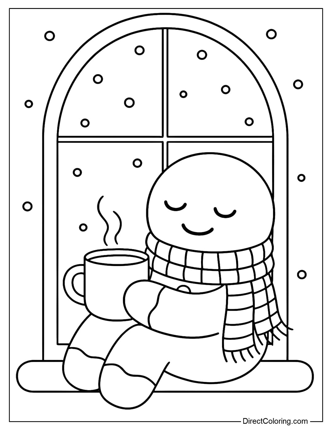 Coloring page of a gingerbread man sitting by a snowy window, holding a cup of hot cocoa, wrapped in a woolen scarf.