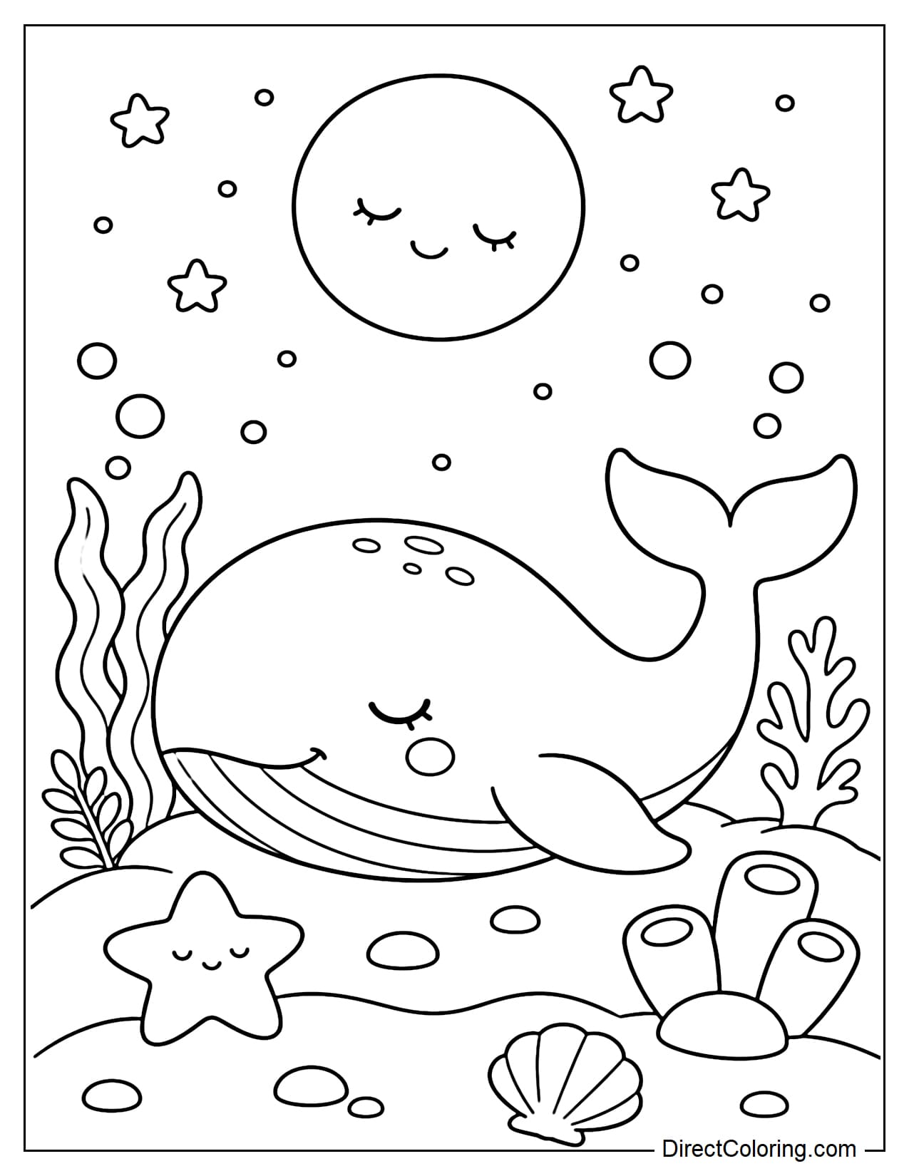 A whale is sleeping peacefully under the night sea, with a full moon and a few small bubbles above.