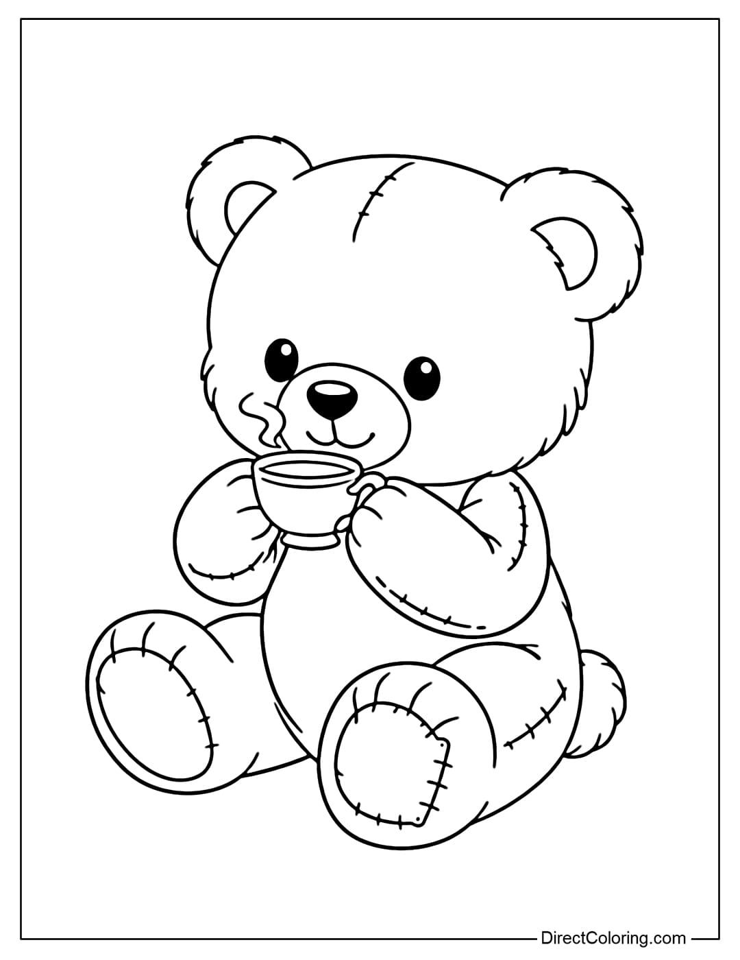 Coloring page of a teddy bear drinking tea with a cute little cup.