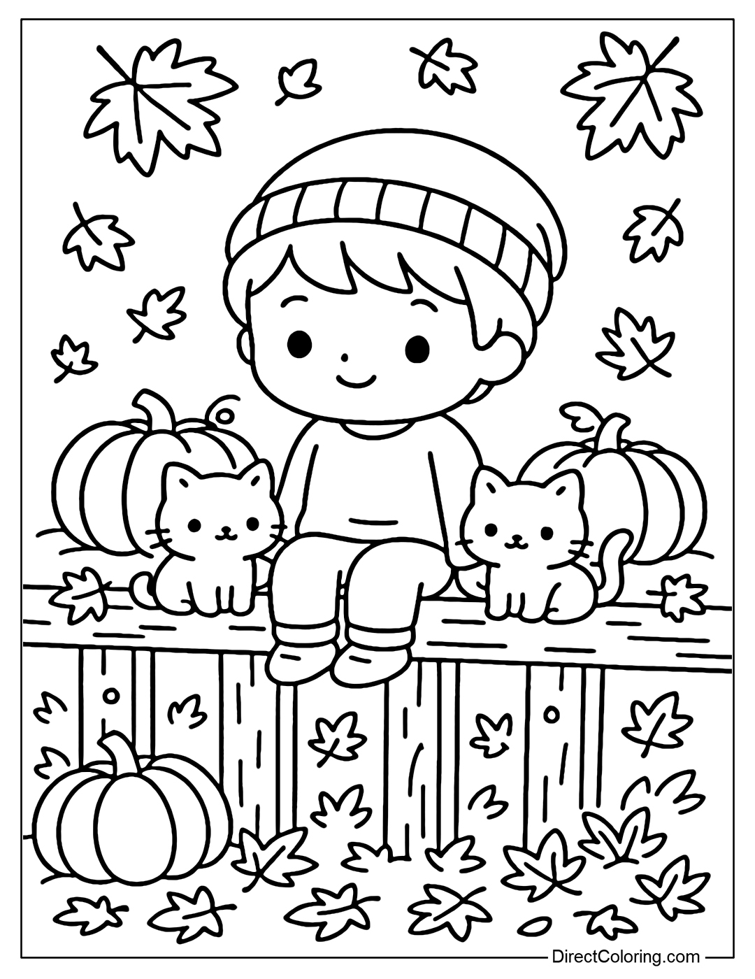 A fall fence coloring page with pumpkins, fallen maple leaves all over the yard, a boy sitting next to a flock of little cats.