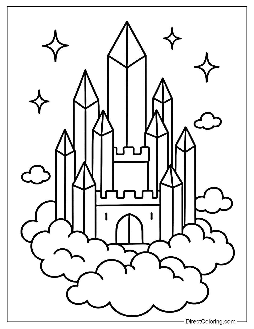 Coloring page of sparkling crystal castle built on crystal clouds, towering to the sky.