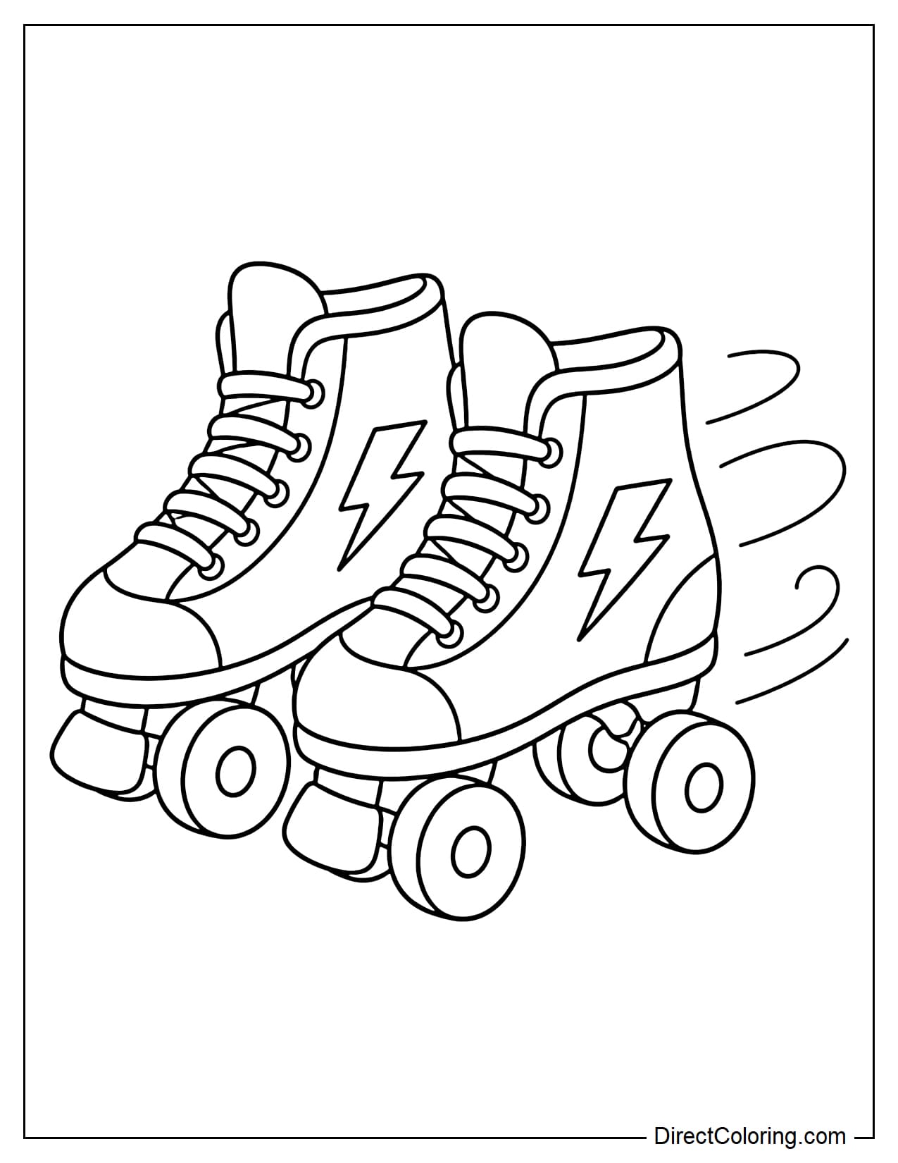 A cute pair of four-wheel roller skates decorated with bold lightning bolt designs on the sides.