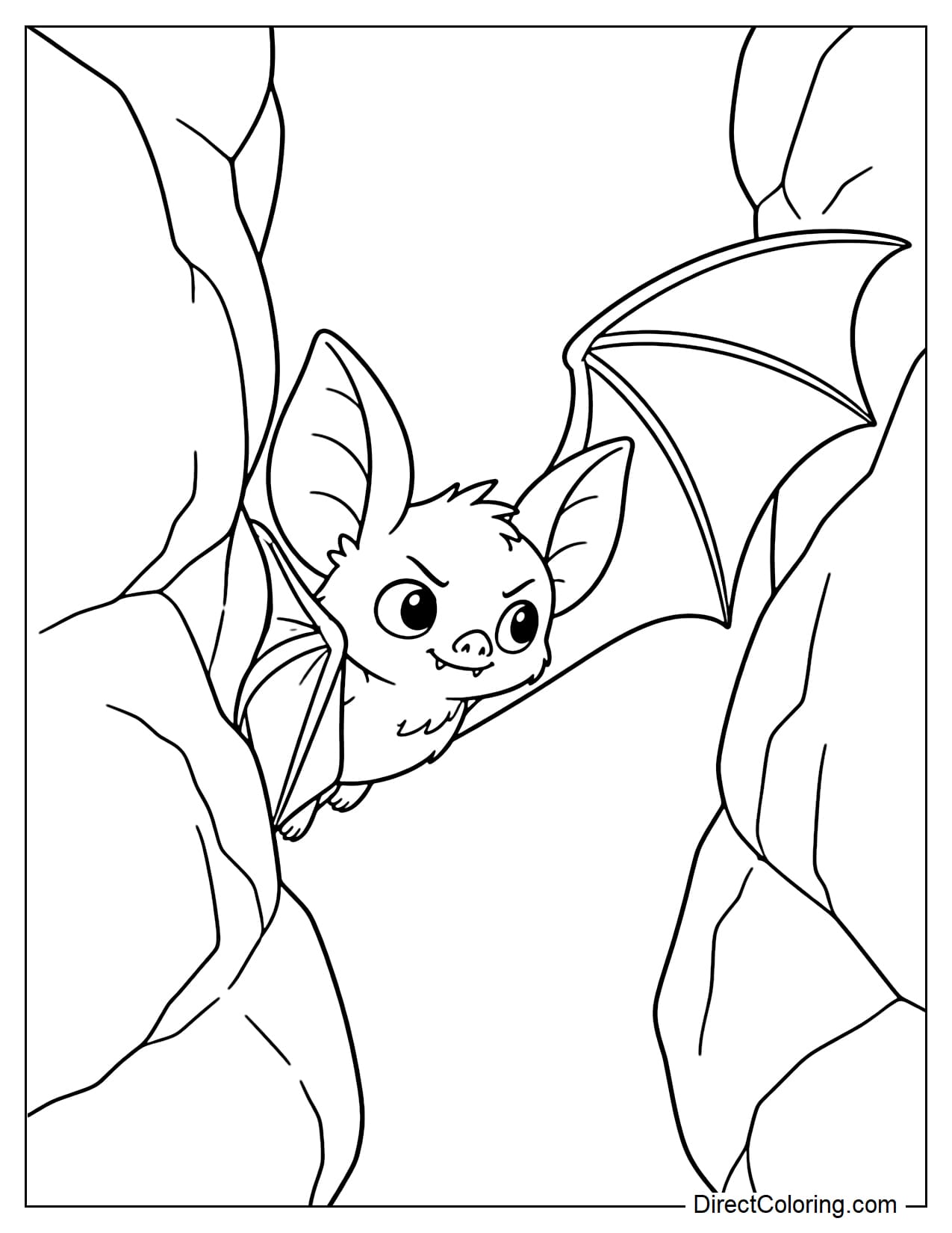 A little bat skillfully flies through a narrow gap between two large cave rocks, folding one wing close to its body while the other opens again after passing through.