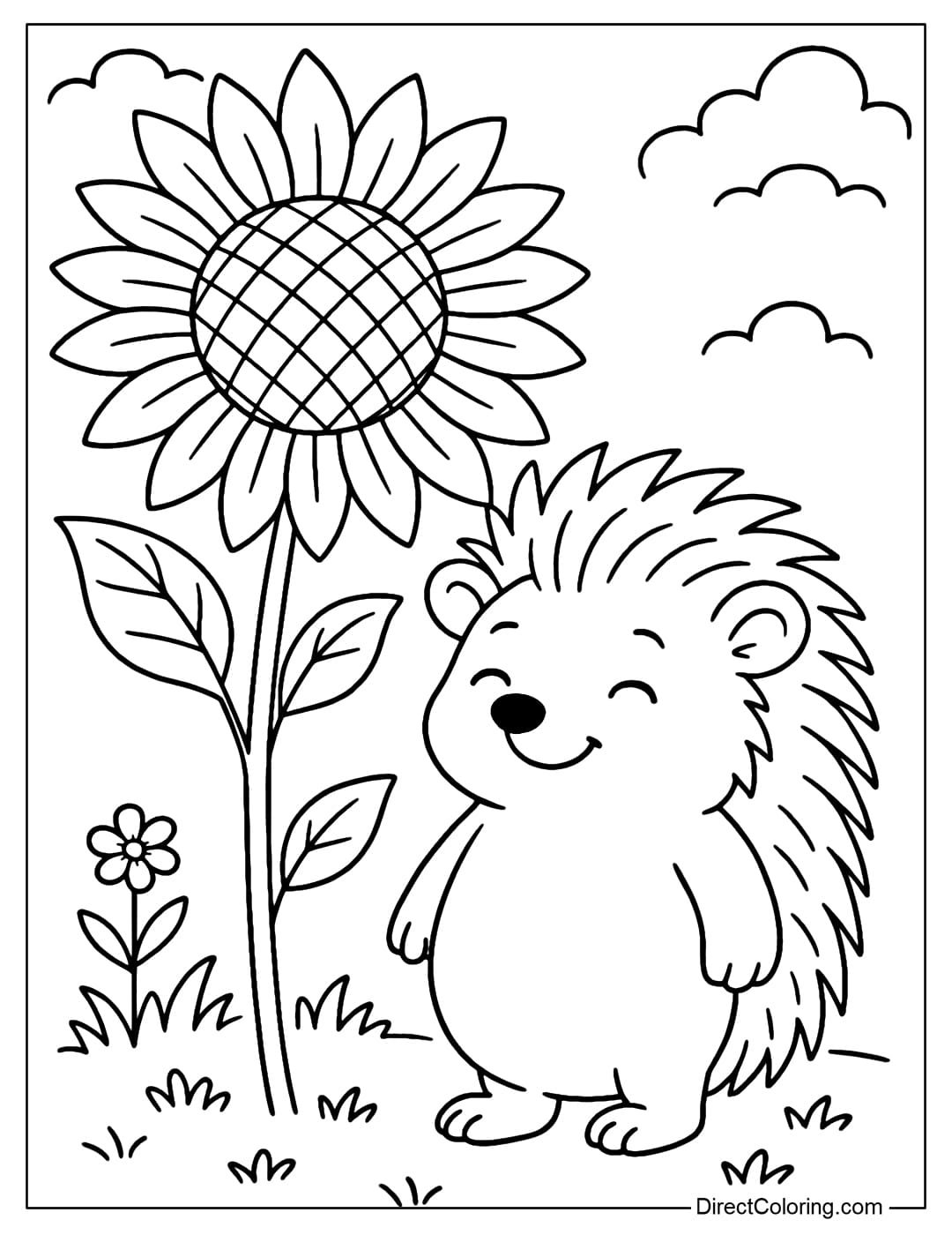 Hedgehog and Sunflower Coloring Page A happy hedgehog coloring page standing next to a giant sunflower.