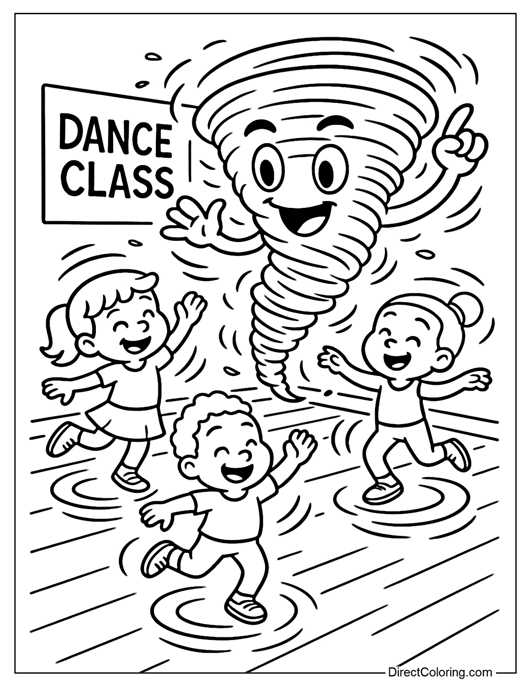 A dance classroom coloring page where the teacher is a cheerful tornado, teaching the students to spin around with great 