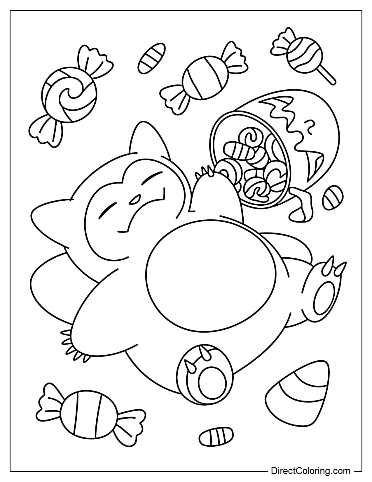Pokémon Snorlax sleeping peacefully beside a tipped-over Halloween candy bucket, with a few large pieces of candy scattered around.
