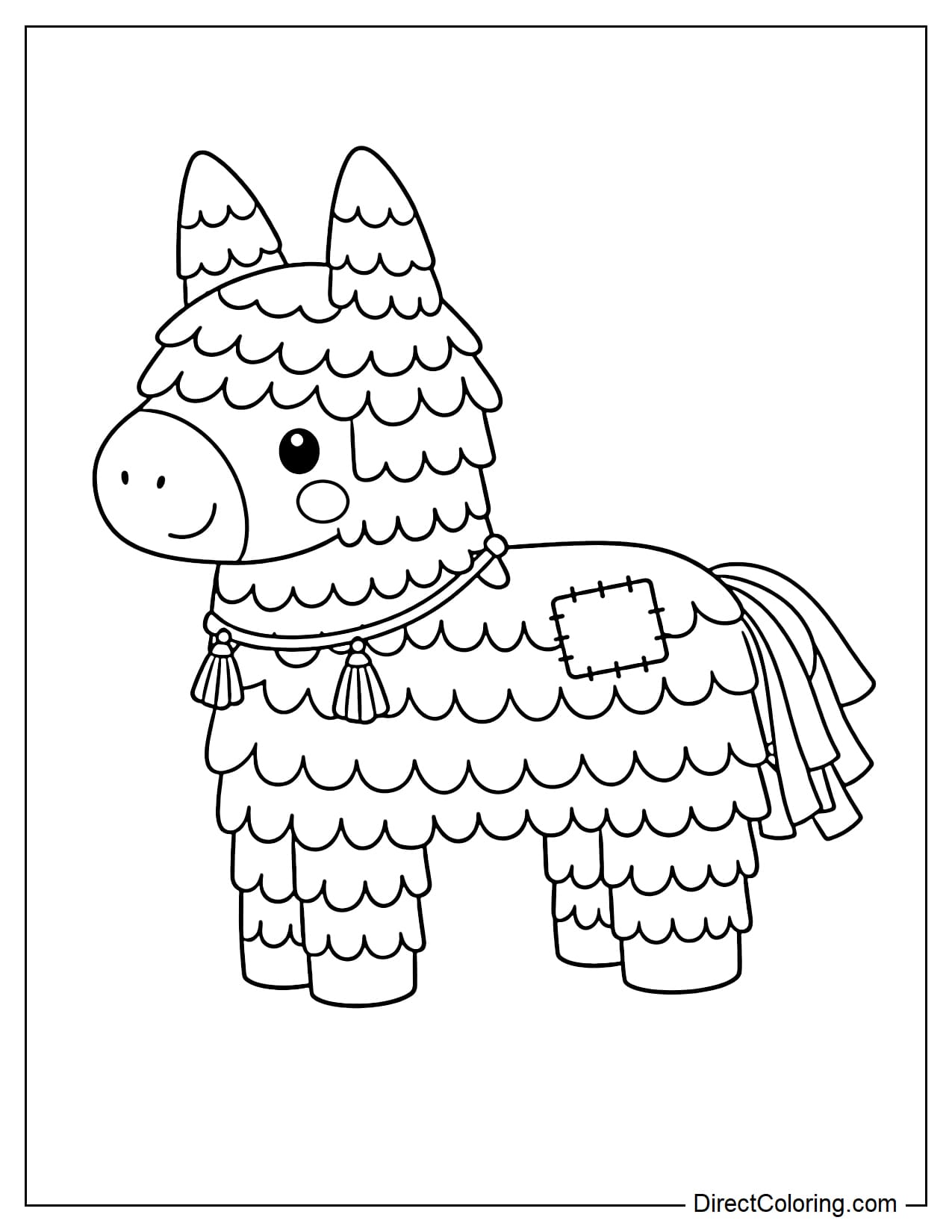 An adorable donkey-shaped piñata with layered pleated paper, a fringed tail, a fringed collar, and a small patch on its body.