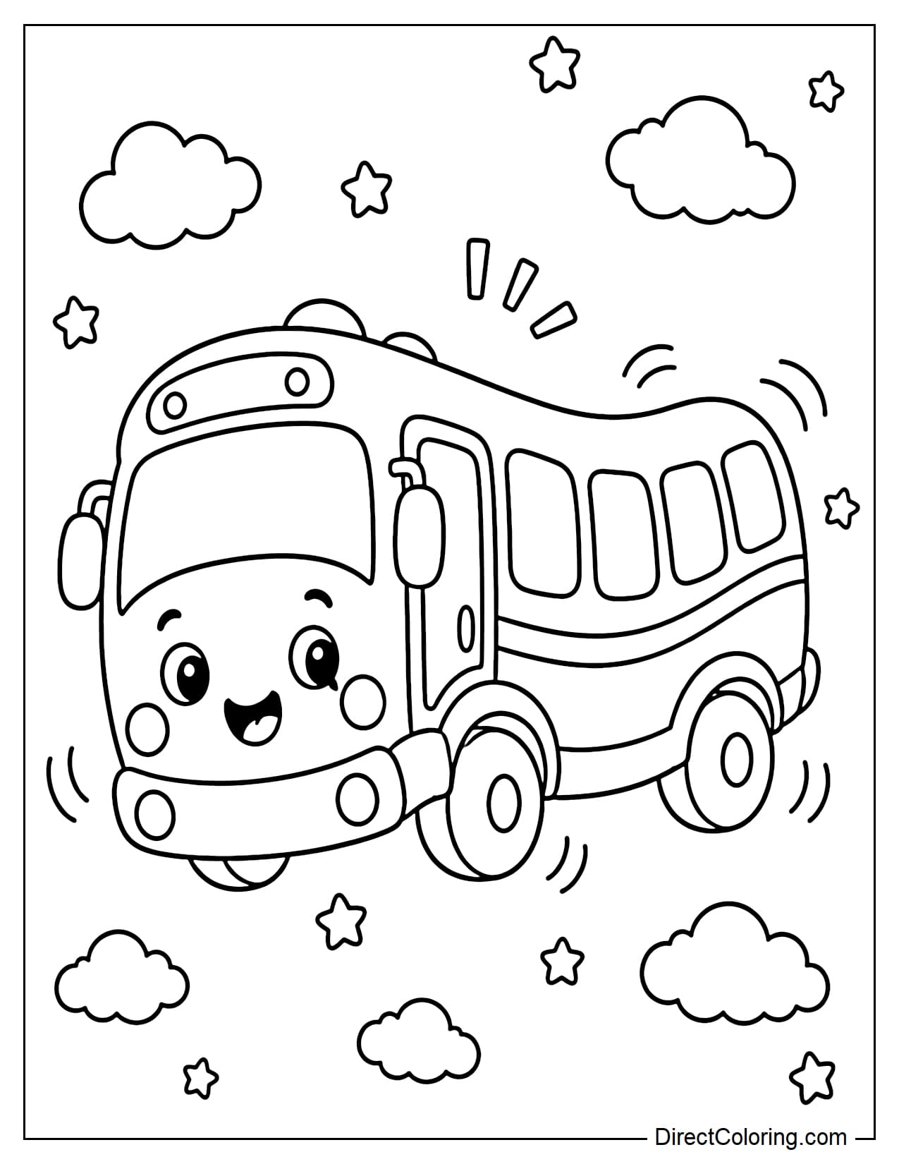 A round, cartoon-style school bus with a body curved like a worm, wobbly wheels, some funny lines on top, surrounded by clouds and stars.