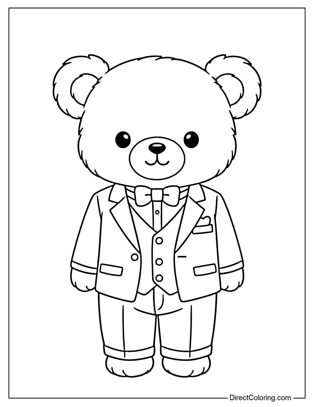 Coloring page of a teddy bear wearing a smart suit with a shirt and a small bow.